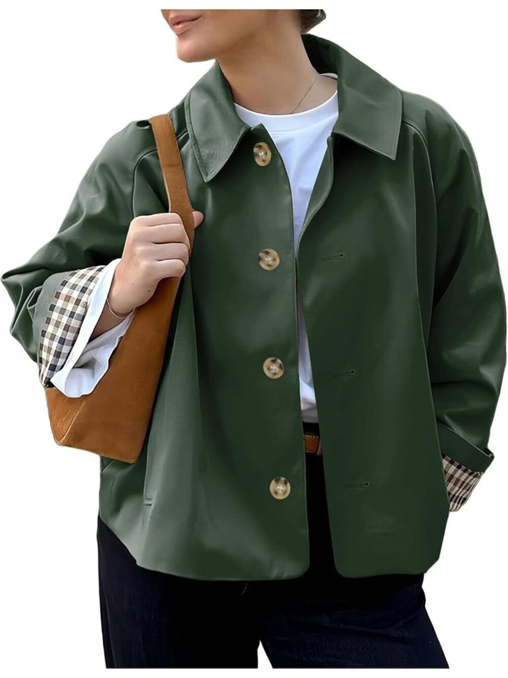 Women Green Cropped Single Breasted Button Front Plaid Cuff Lining Trench Coat